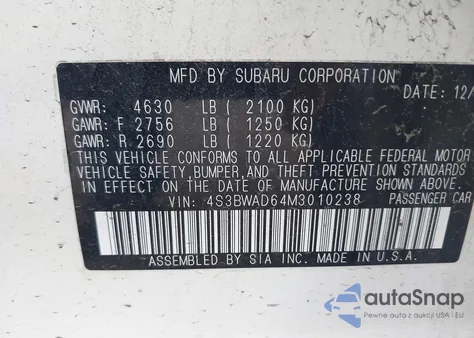 2021 Subaru Legacy Premium from USA, damaged, VIN 4S3BWAD64M3010238